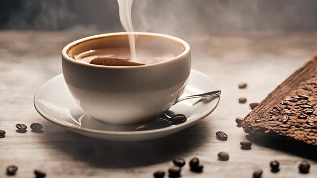 Cup of hot, aromatic coffee on a table with coffee beans