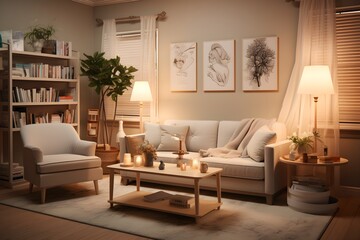 Serene Living Room Setup with Soft Lighting and Neutral Tones