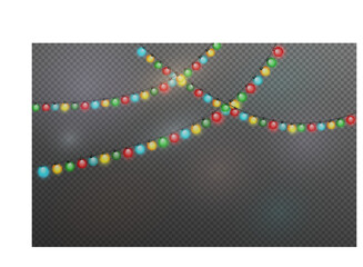 Christmas garland isolated on transparent background. Glowing colorful light bulbs with sparkles.Xmas, New Year, wedding or Birthday decor. Party event decoration. Winter holiday season element.