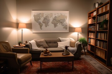 Elegant Home Study Room with World Map Decor