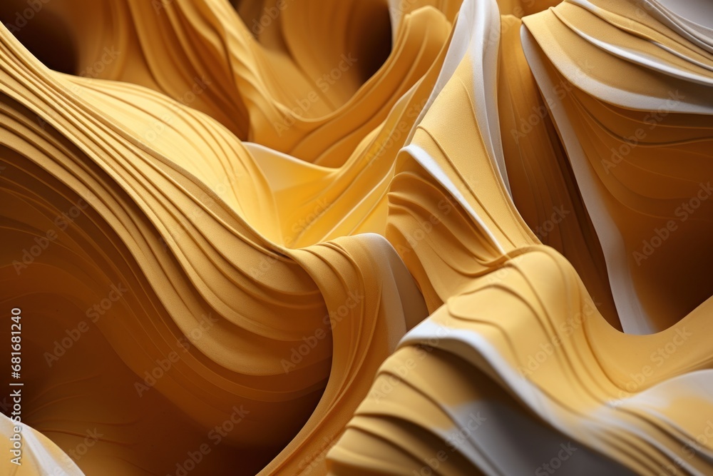 Poster a close up view of a yellow and white wave like pattern on a piece of material that looks like wood.