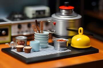 Obraz na płótnie Canvas miniature kitchen items align in the kitchen on the table 