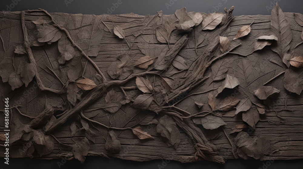 Poster a close up of a piece of art made out of paper with leaves on the side of it and a branch on the oth