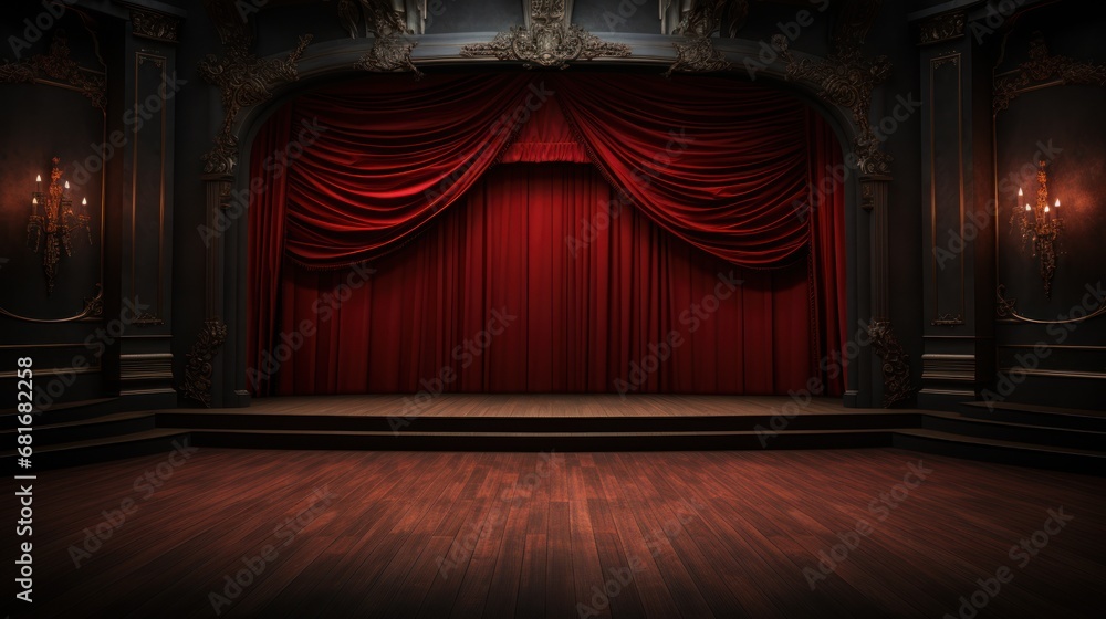 Poster an empty stage with a red curtain and a chandelier on the side of the stage and a chandelier on the 
