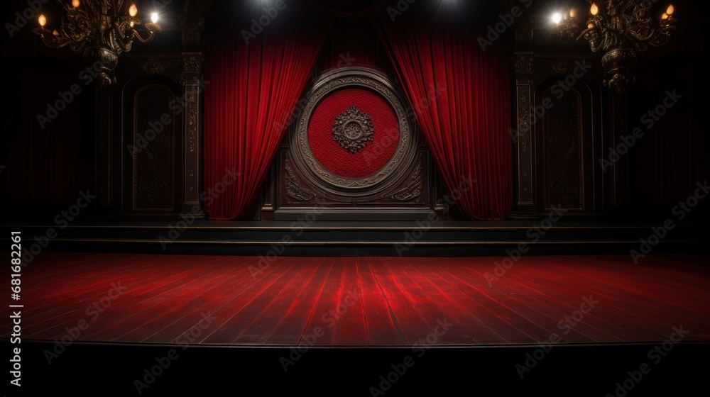 Poster a stage with a red curtain and a red curtain with a lion head on it and a red curtain with a lion he