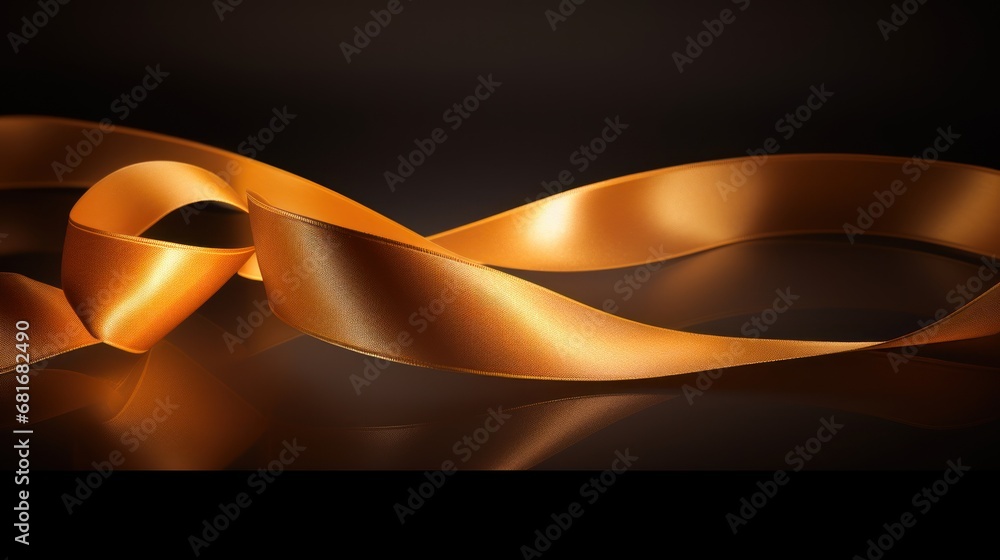 Poster a close up of a gold ribbon on a black background with a reflection of the ribbon in the middle of t