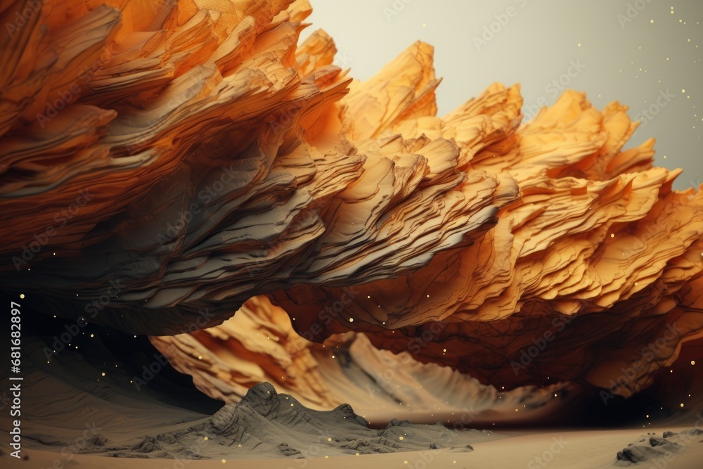 Poster a computer generated image of a desert landscape with rocks and rocks in the foreground and a blue s