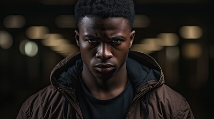 Fototapeta premium In his isolated portrait, an African young adult man is shown wearing fashionable attire, but behind his stylish facade, the background reveals the stress, emotion, and depression he silently battles