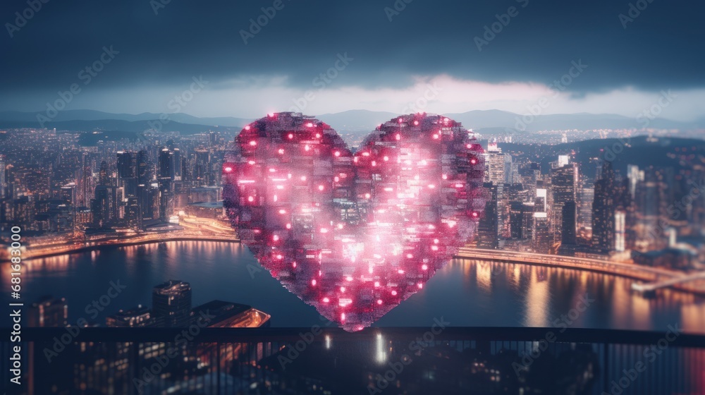 Aufkleber a large heart shaped object in the middle of a large body of water with a cityscape in the backgroun