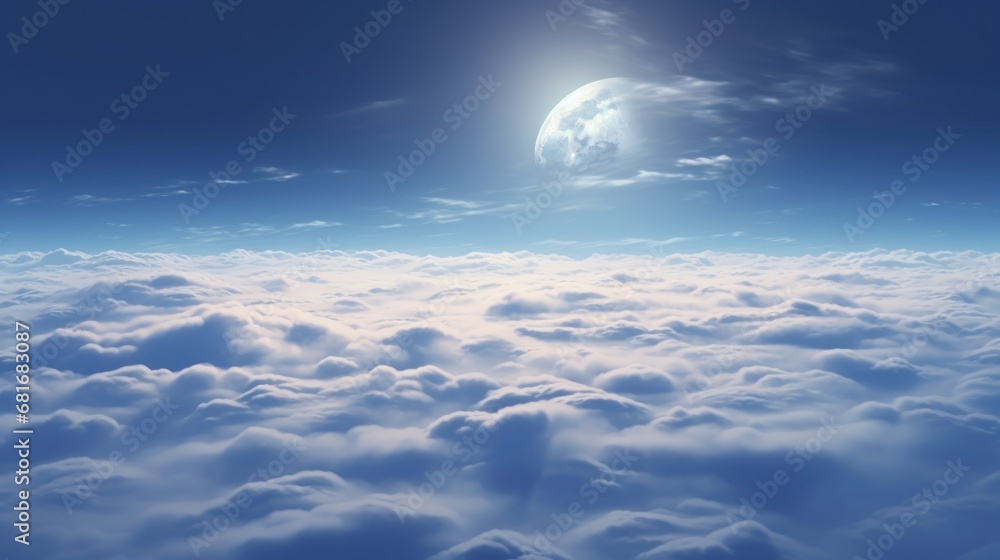 Poster a view of a full moon in the sky from a very high point of view of clouds and a full moon in the dis
