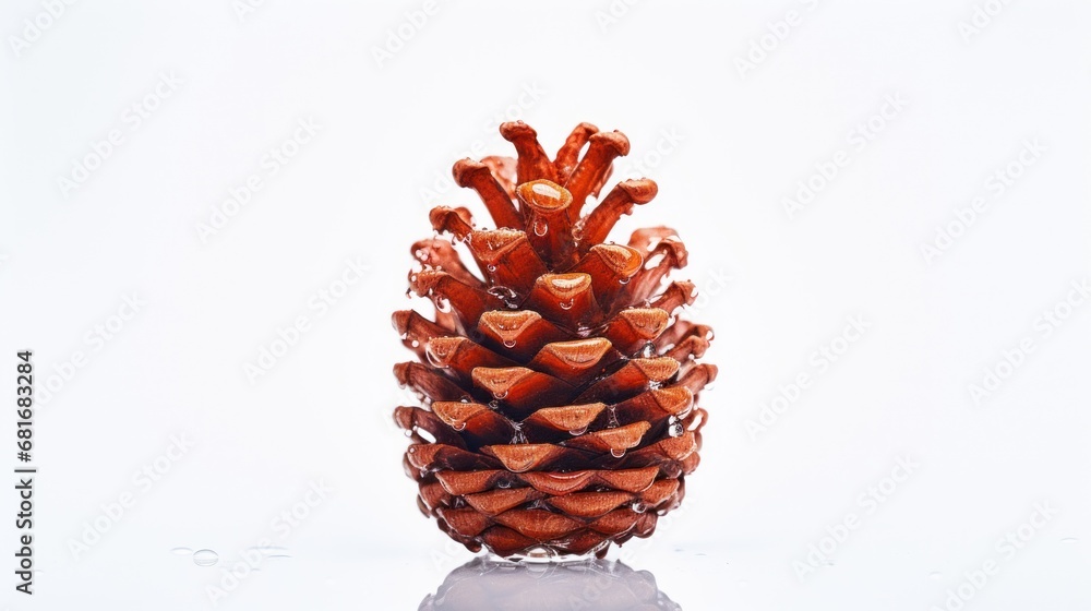 Poster a close up of a pine cone shaped object on a reflective surface with a light reflection on the botto