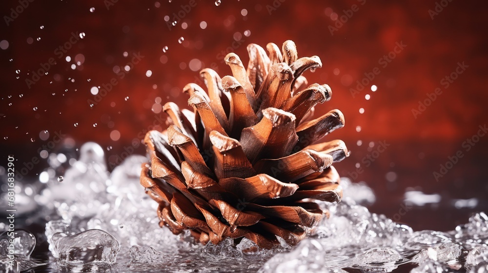 Poster a close up of a pine cone on a table with water splashing on the ground and a red background.