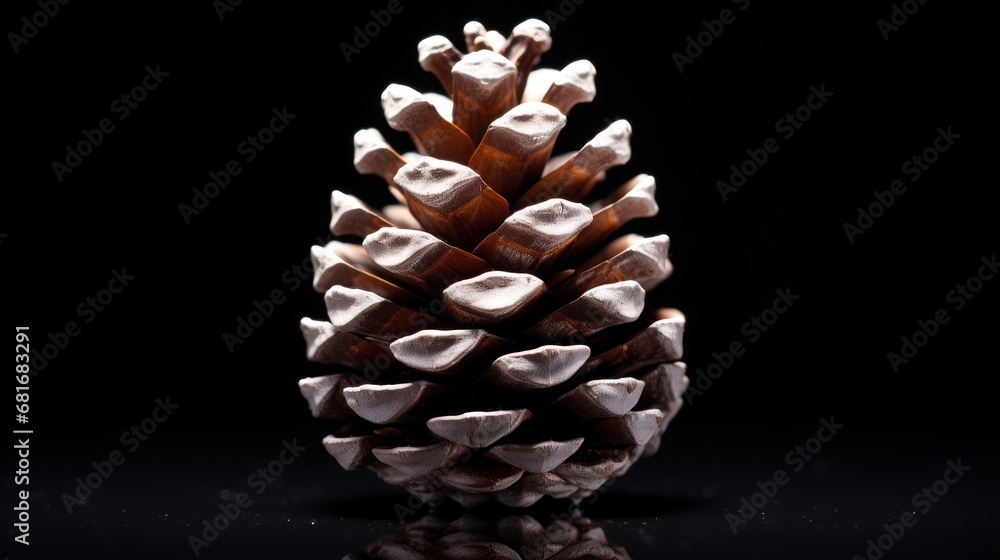 Poster a close up of a pine cone on a black background with a reflection of the pine cone on the ground.