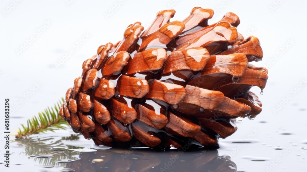 Poster a close up of a pine cone on a reflective surface with a reflection of the pine cone on the surface.