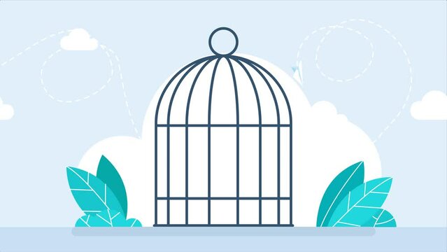 Bird cage. Vintage metal empty birdcage with a closed door. Concept of prison, imprisonment. Self-isolation. Isolated on white background. Birdcage. Steel traps. Vintage bird cage. 2d flat animation