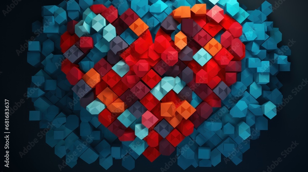 Poster a heart made out of cubes in the shape of a heart with a red center on a black background.