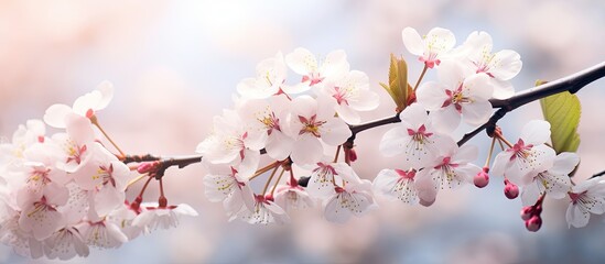 Obraz premium beautiful spring garden, the white cherry blossoms create a stunning backdrop with their abstract and natural beauty, adorning the trees with delicate pink floral blooms.