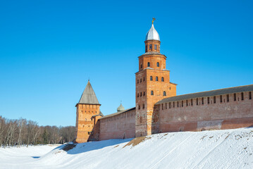 The Kokui Tower and the ancient walls of the Kremlin. Veliky Novgorod, Russia - obrazy, fototapety, plakaty