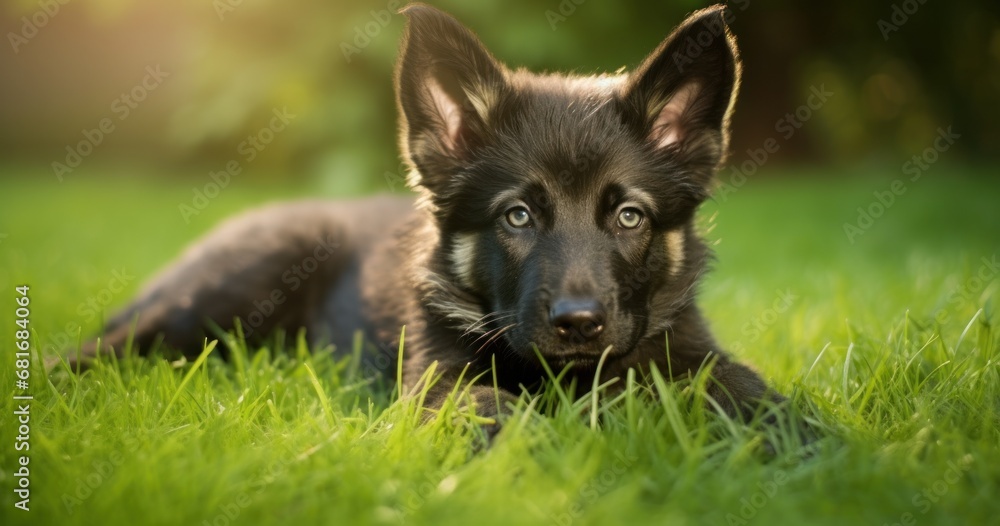 Poster a close up of a dog laying in a field of grass with its eyes open and looking at the camera.