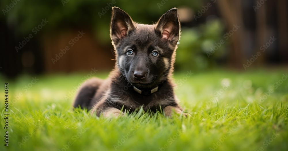 Aufkleber a close up of a dog laying in a field of grass with its eyes wide open and looking at the camera.