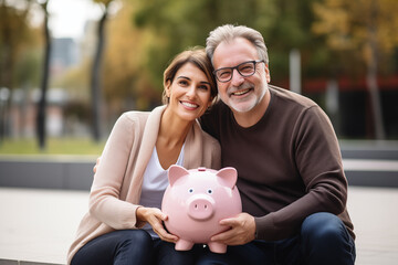 Middle aged couple at outdoors holding a piggybank