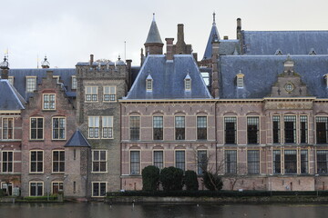 Fototapeta na wymiar Binnenhof Buildings Exterior Seen from the Hofvijver Pond in The Hague, Netherlands