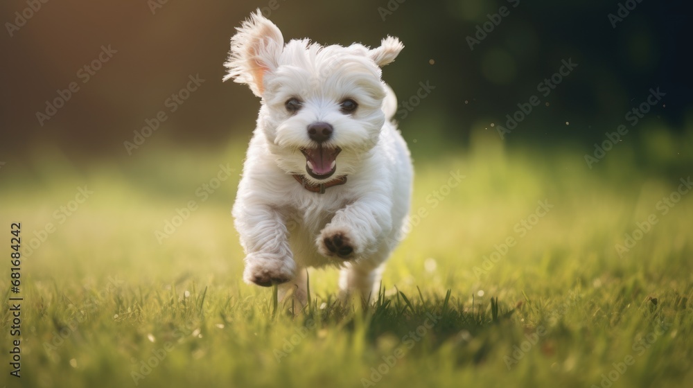 Poster a small white dog running through a field of grass with it's mouth open and it's tongue out.