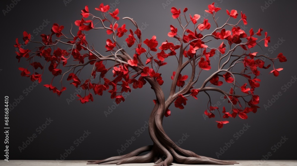 Poster a red tree with lots of leaves on it's branches is shown in the middle of a dark background.