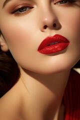 A close-up of a woman's face with perfectly applied red lipstick.