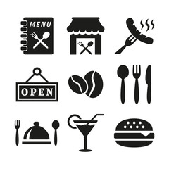 Restaurant and cafe icons set on white background.