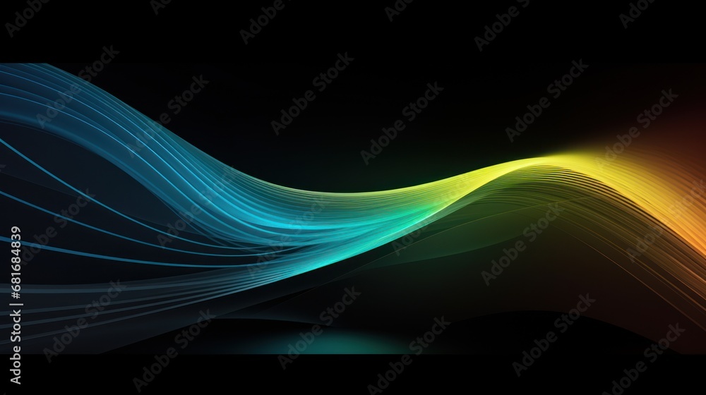Poster a black background with a multicolored wave of light coming from the top of the image to the bottom 