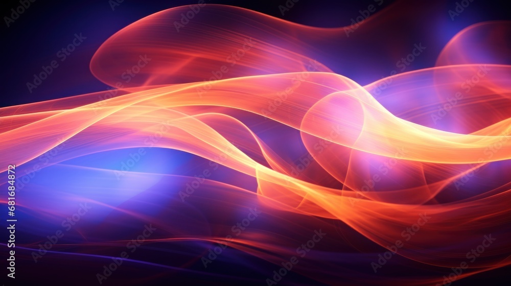 Poster a computer generated image of a red and orange wave on a black background with a blue light in the m