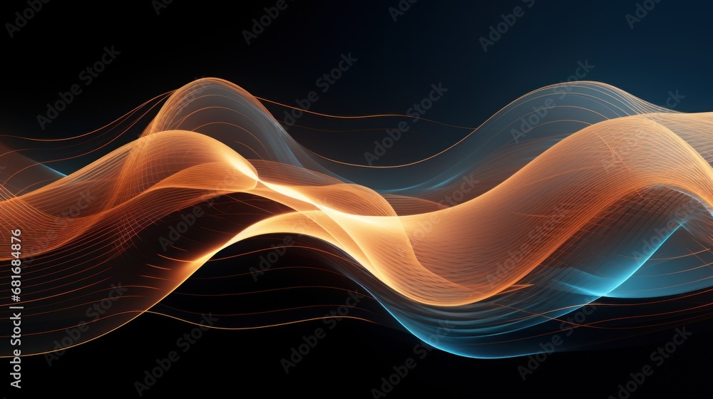 Poster a computer generated image of a wave of orange and blue light on a black background with a black bac