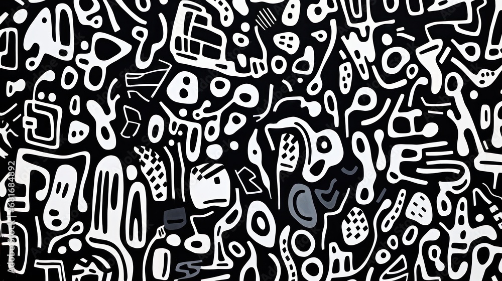Poster a black and white picture of a lot of different shapes and sizes of objects on a black and white bac