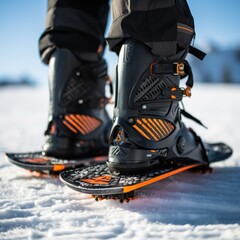 A close-up of a snowboarder's feet strapped into their board