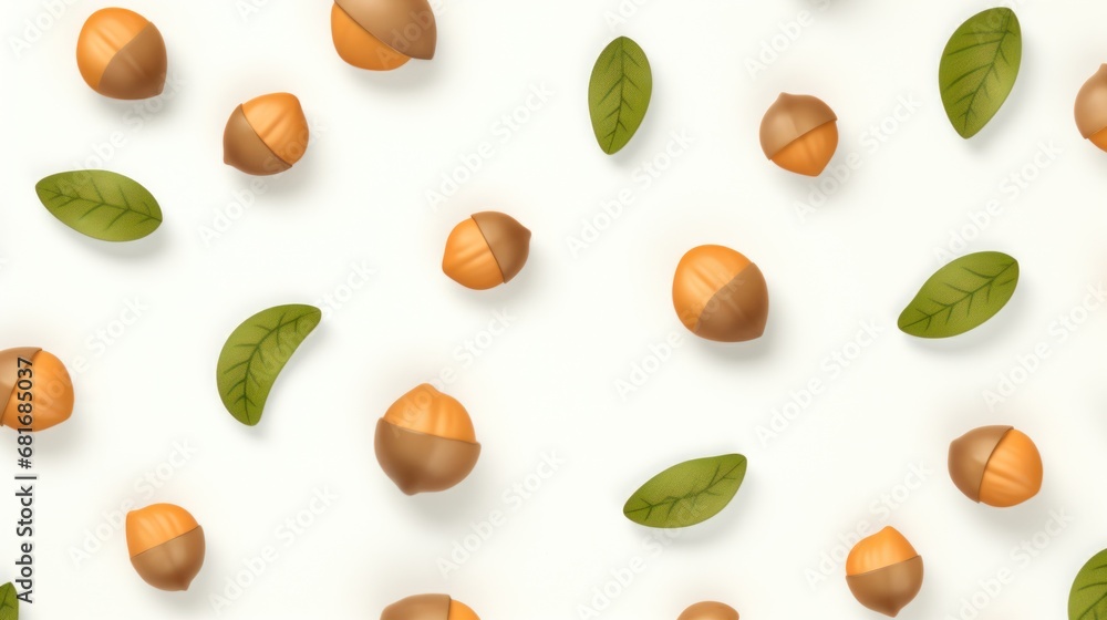Poster a pattern of nuts and leaves on a white background with a green leaf on the left side of the image a