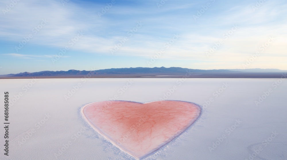 Poster a heart shaped object is in the middle of a flat area with mountains in the distance and a blue sky 