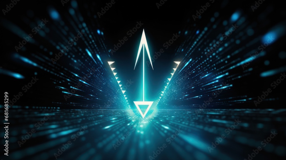Poster a computer generated image of an arrow in the middle of a tunnel of blue and green lights with a bla