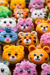 A close-up of cute animal-shaped cupcakes decorated in vibrant colors