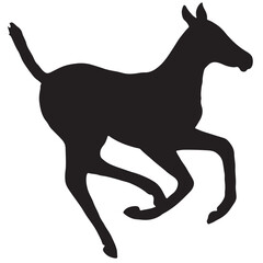 Black and white vector flat illustration: small cute running horse foal