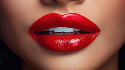 Obraz premium A close-up of a woman's face with perfectly applied red lipstick.