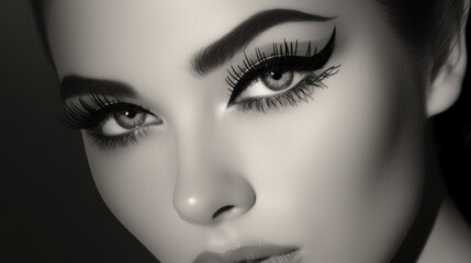 A black and white image of a model's face with a dramatic winged eyeliner and long lashes - obrazy, fototapety, plakaty