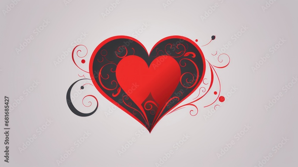 Poster a red heart with black swirls and a swirly border on the side of the heart is on a gray background.