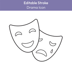 Drama line icon with editable stroke. Comedy and tragedy masks simple vector pictogram. Fine art and culture clipart
