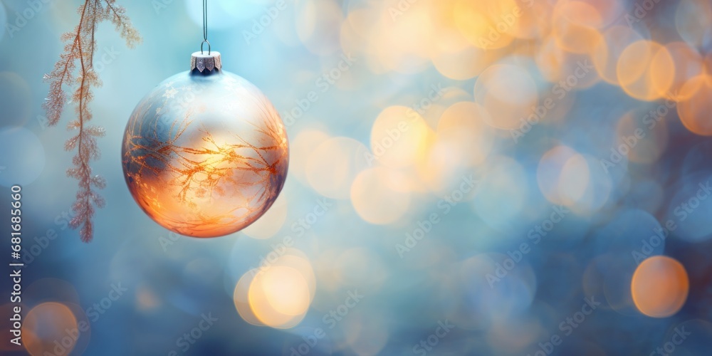 Aufkleber a glass ornament hanging from a twig on a twig with a tree branch in the background.