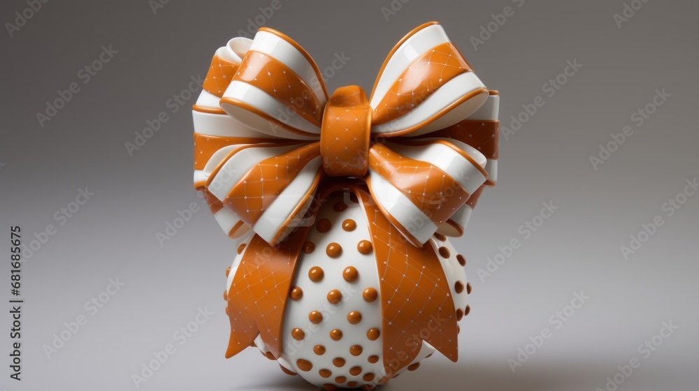 Poster a close up of a decorative object with a big bow on it's head and dots on it's body.