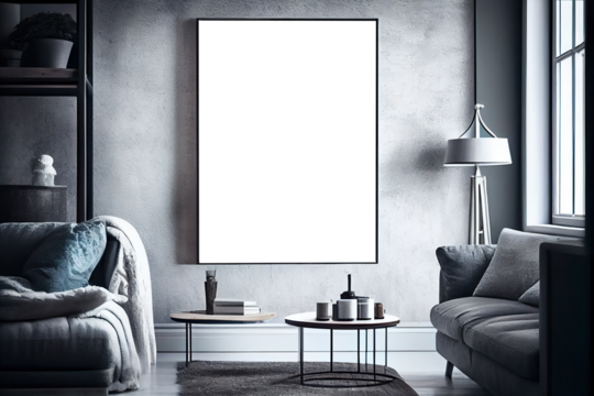 Wall art, poster, framed picture mockup in modern interior, brutal living room