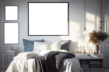 Wall art, poster, framed picture mockup in modern interior in bedroom