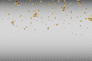 Confetti vector png. Golden confetti falls from the sky. Holiday, birthday. Sparkling confetti on a transparent background. Festive design element.