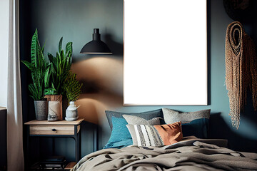 Wall art, poster, framed picture mockup in modern interior in modern bedroom